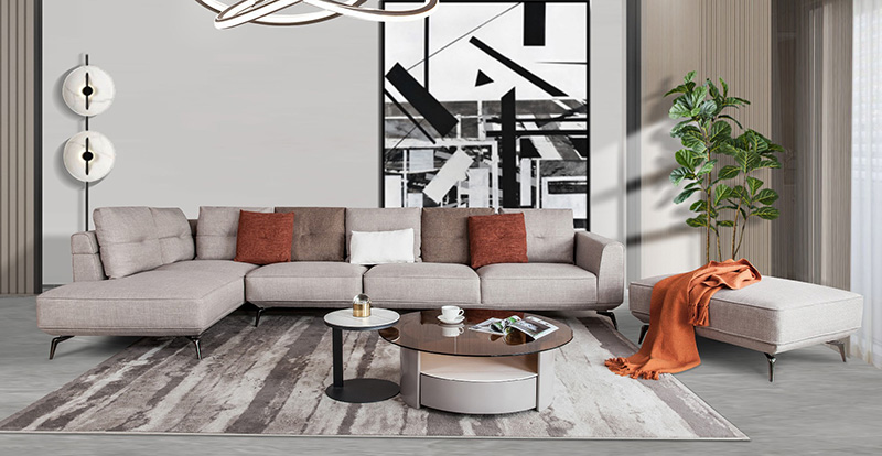 Moderne und einfache Wohnzimmer-Stoff-Großformat-Eckfedersofa-Kombination 621006